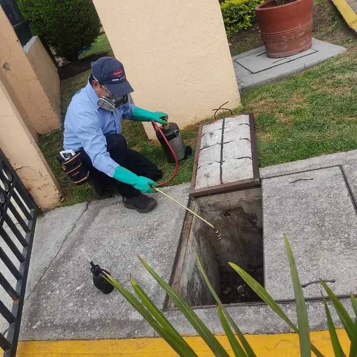 Técnico de FUMIESCAL realizando una aplicación de control de plagas en un registro exterior