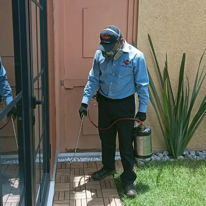 Técnico de FUMIESCAL realizando un servicio de control de plagas en un área exterior